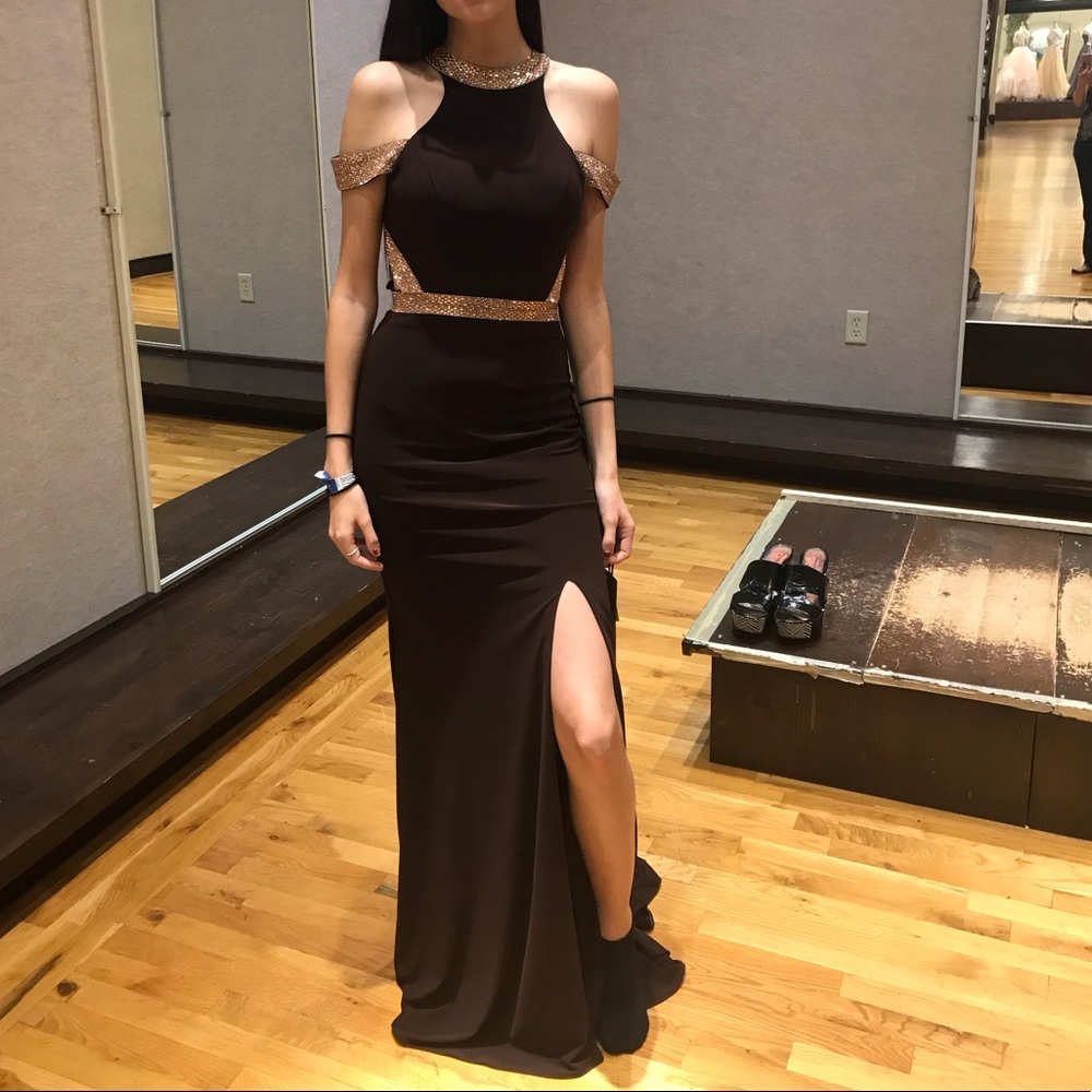 Brown and rose gold off the shoulder elegant dress